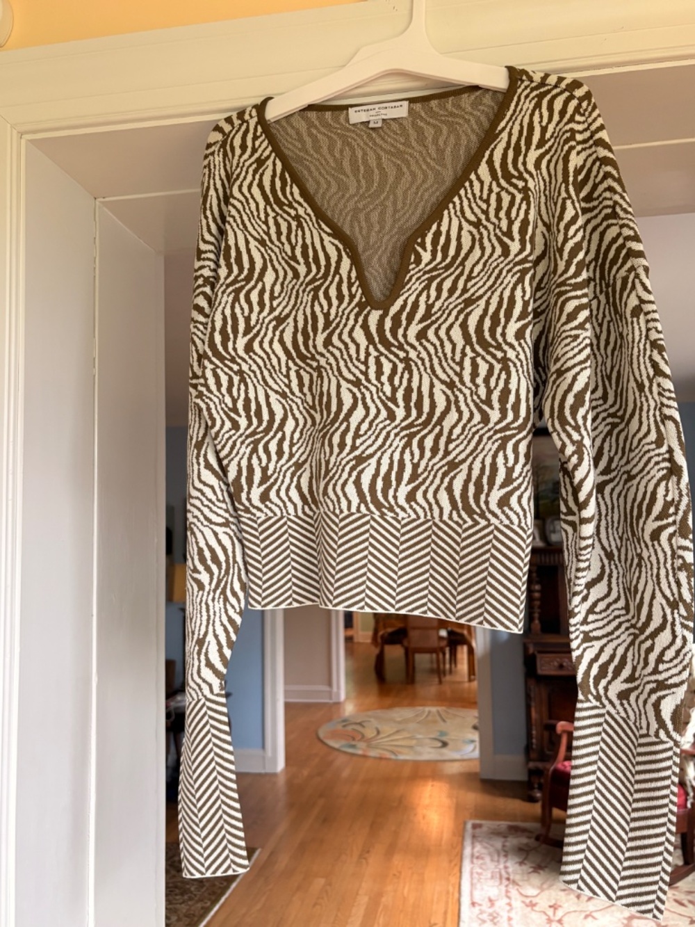 Esteban Cortazar Olive Zebra Sweater Cropped Dolman Animal Designer $265